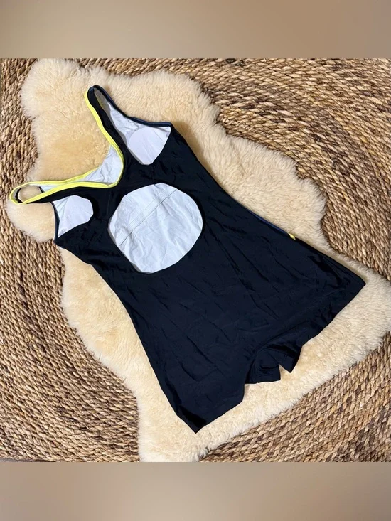 Women’s Black & Blue One-Piece Athletic Swim Suit with Yellow Trim - Picture 2 of 2